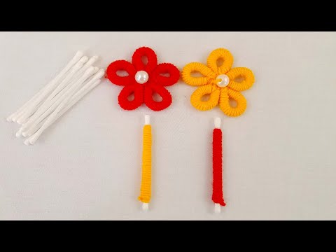 Hand Embroidery Amazing Flower Design -- Superb Woolen Flower Making Trick Using Cotton Buds