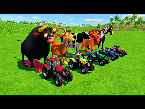 TRANSPORTING GIANT FERDINAND COWS, SHEEPS, HORSES, BULLS, GOATS WITH COLORED TRACTORS - FS22
