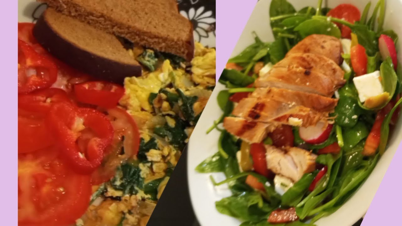 #desayuno_revuelto de #huevo con cebolla y espinacas,ensalada y pan #CENA una ensalada con pollo