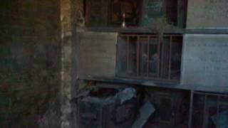 over 100 year old coffin with corpse on show open in  cemetery catacomb