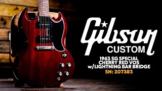 Video thumbnail for Peach Picks! | Gibson Custom 1963 SG Special Reissue Lightning Bar Cherry Red VOS | SN: 207383 by Peach Guitars