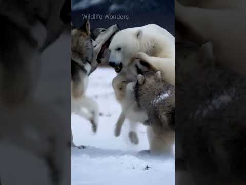 Mother Polar Bear vs Wolf Pack #animals #animallife #wildanimals #wildlife #bear #wolf #shortvideo