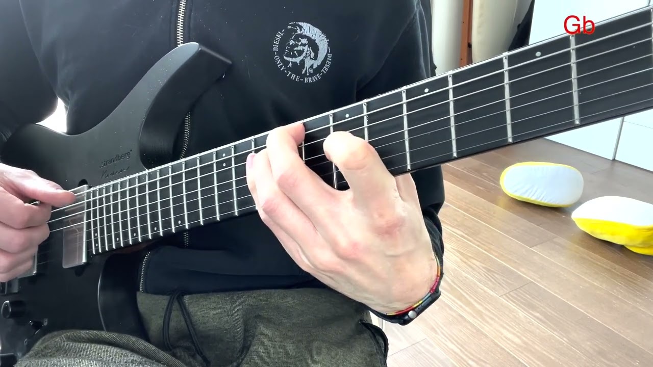 Guitarist playing minor triads on the low three strings for a voice leading exercise