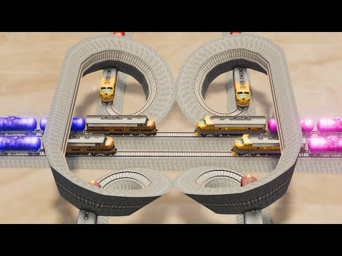 Impossible Double Loop Intersecting Rail Track Vs Multiple Train Crossing  -BeamNG.Drive