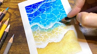 色鉛筆で描く 波、砂浜 | Sea waves | Colored Pencils Drawing