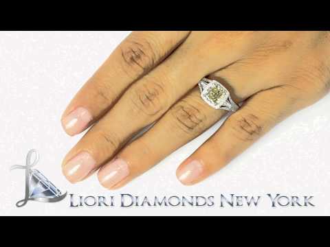 FD-603 - 2.22 Carat Fancy Yellow Cushion Cut Diamond Engagement Ring 18k Gold Pave Halo