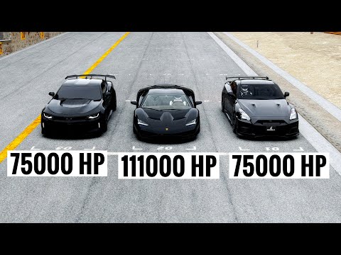 75000 HP Nissan GTR Godzilla vs 110000 HP Lamborghini Centenario vs 75000 HP Chevrolet Camaro - Drag