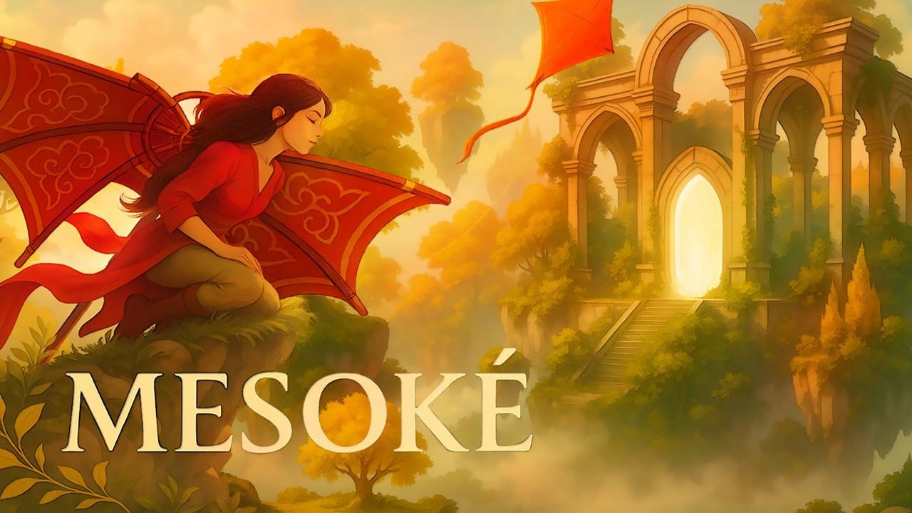 Promotional still of Mesoké flying character above surreal emotional dreamlike world