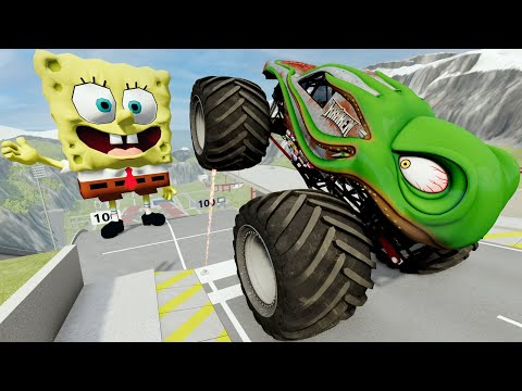 Monster Truck Crashes Into GIANT SPONGEBOB | High Speed Jumps and Crashes - BeamNG Drive