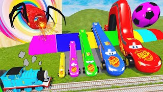LONG CARS vs REVERSE SPEEDBUMPS - Big & Small Long Mcqueen with Saw Wheels vs Thomas Train - BeamNG