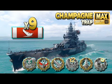 Battleship Champagne: 9 ships destroyed, on map Trap - World of Warships