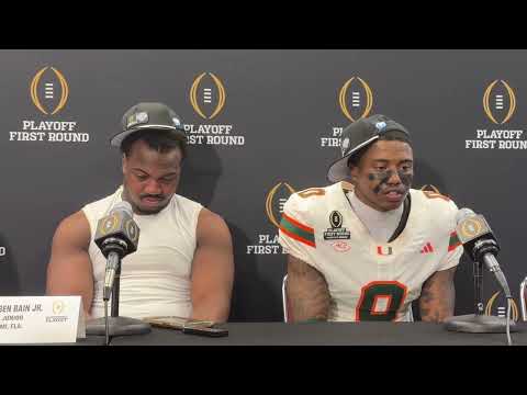 Miami Hurricanes Akheem Mesidor, Rueben Bain and Keionte Scott post-playoff win at Texas A&M