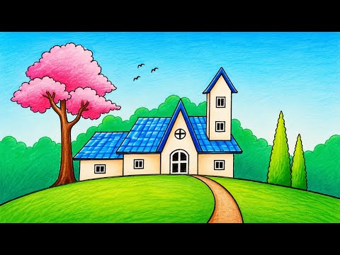 How to Draw Easy House Scenery for Beginners Color Pensil Drawing