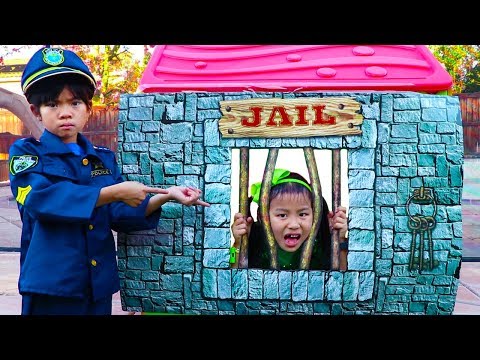 Emma Pretend Play as Cop LOCKED UP Jannie in Jail Playhouse Toy for Kids Video