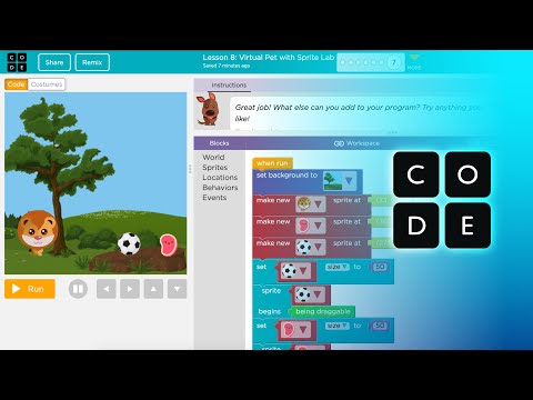Code.org Express Course Lesson 8 Virtual Pet with Sprite Lab How to Do Solution and Explanation
