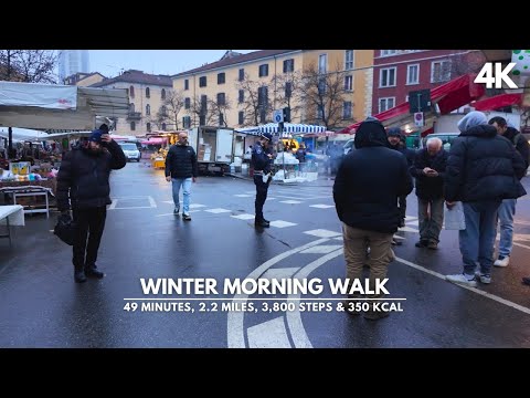 Milan Winter Commuting Walk to Work Burning 350 Kcal on Street Market Day [4K60]