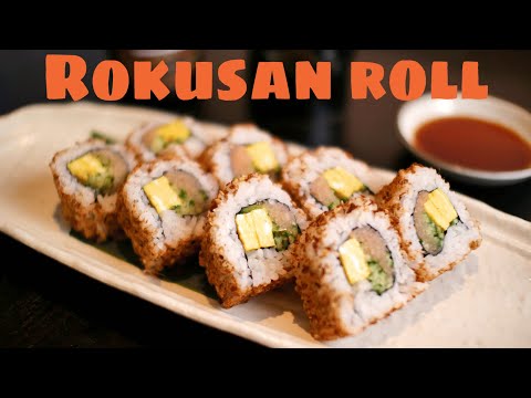 Rokusan roll  (Home made seasoning, Spicy cod roe, Omelette, etc)   米国発・道場六三郎シェフレシピの自家製ふりかけの応用巻寿司です。
