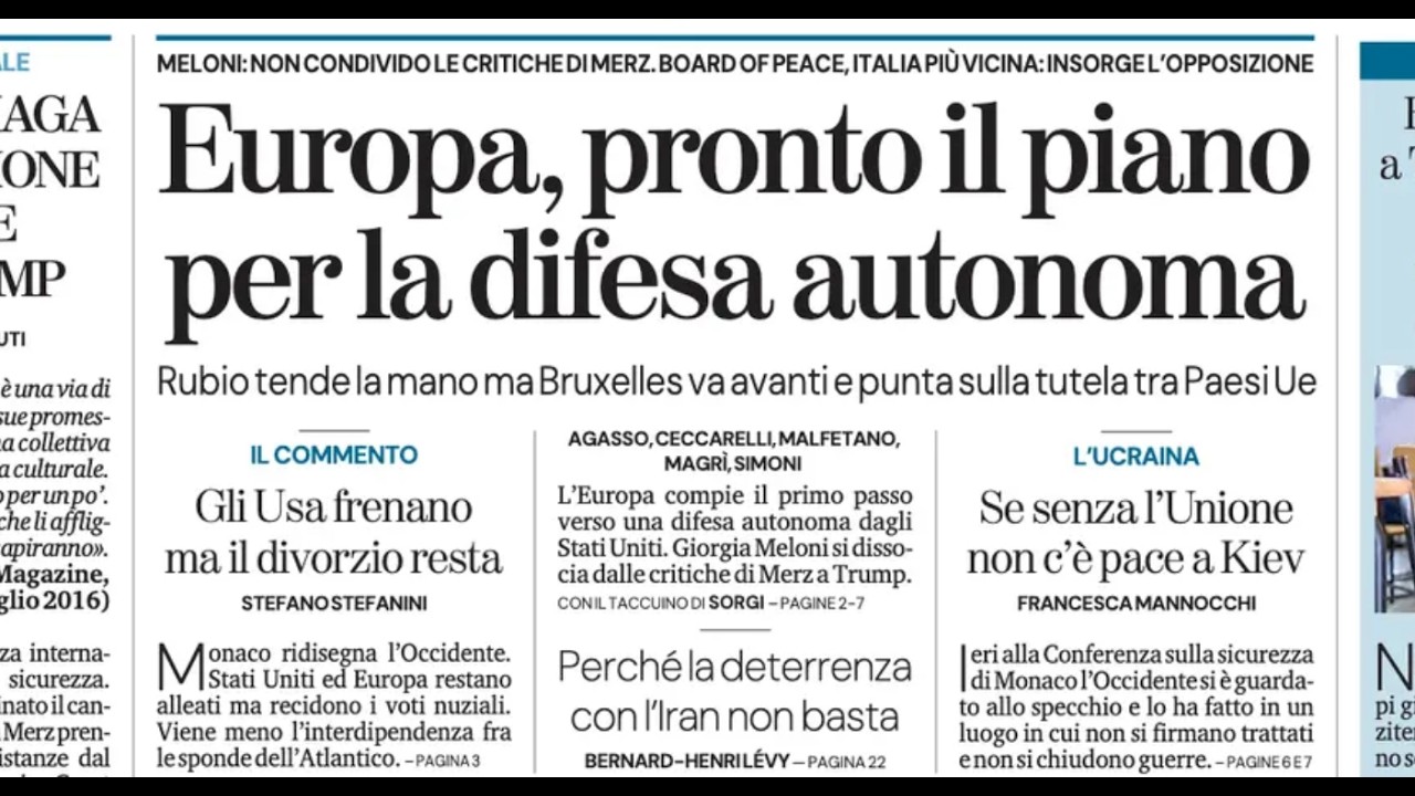RASSEGNA STAMPA 15 FEBBRAIO 2026. QUOTIDIANI NAZIONALI ITALIANI  PRIME PAGINE DEI GIORNALI DI OGGI
