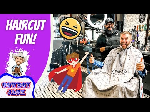 Thumbnail of a barber shop: client seated, barber smiling behind; purple panel reads 'Haircut Fun!' with Cowboy Jack cartoon and a laughing emoji.