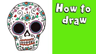 HOW TO DRAW A SUGAR SKULL Step by Step Drawing Tutorial for Kids Guided Halloween Dia De Los Muertos