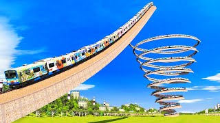 Japan's Very Long Train Crosses Dangerous Rail Tracks Spiral Cone Shaped Like Tornadoes