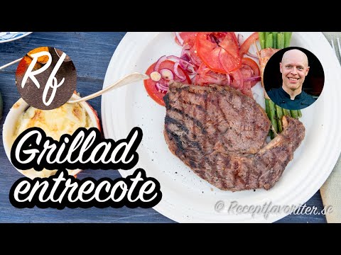 Grillad entrecôte i skivor - alltså tillagad portionsvis. Här med förslag på goda tillbehör.>