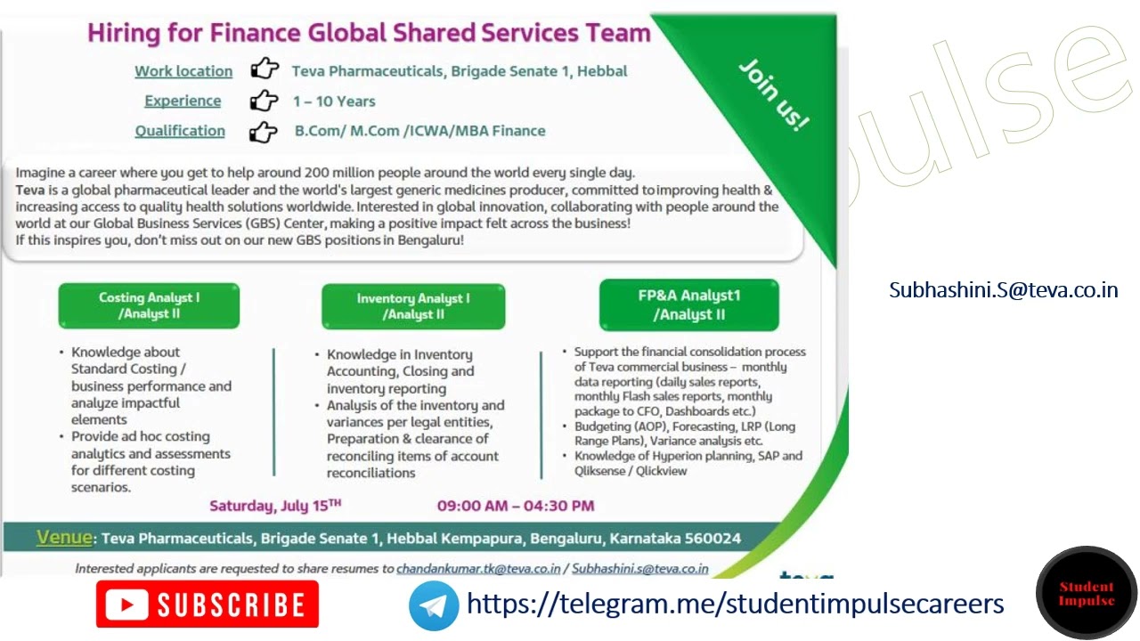 Teva Pharmaceuticals Bangalore | Walk in Drive for Costing, Inventory and F, P & A positions