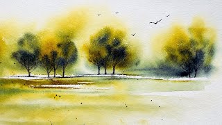Dreamy Green Watercolor Landscape | Calm Painting trees