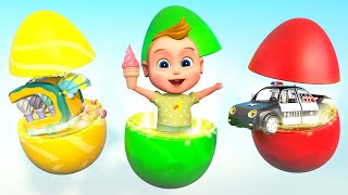 Explore Surprise Eggs And Vehicles - Vehicle Cartoon: police Car, Ice Cream Truck | 3D Cartoon