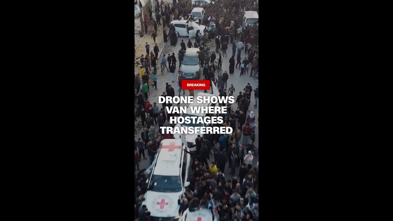Drone footage shows van where Hamas handed over three Israeli hostages