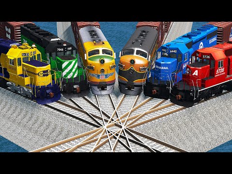 Six Trains vs Impossible Overlap Tracks Crossing - BeamNG.Drive