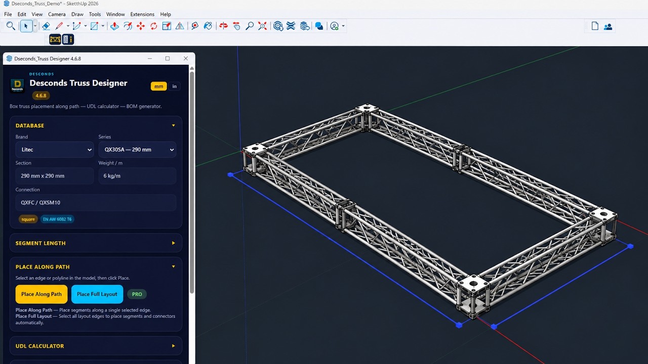 Dseconds Truss Designer for SketchUp | Place Along Path vs Full Layout