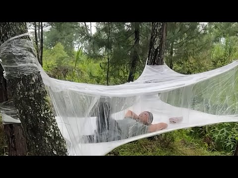 Solo Camping Heavy Rain With Plastic Wrap🌧| #bushcraft #survival #plasticwrap