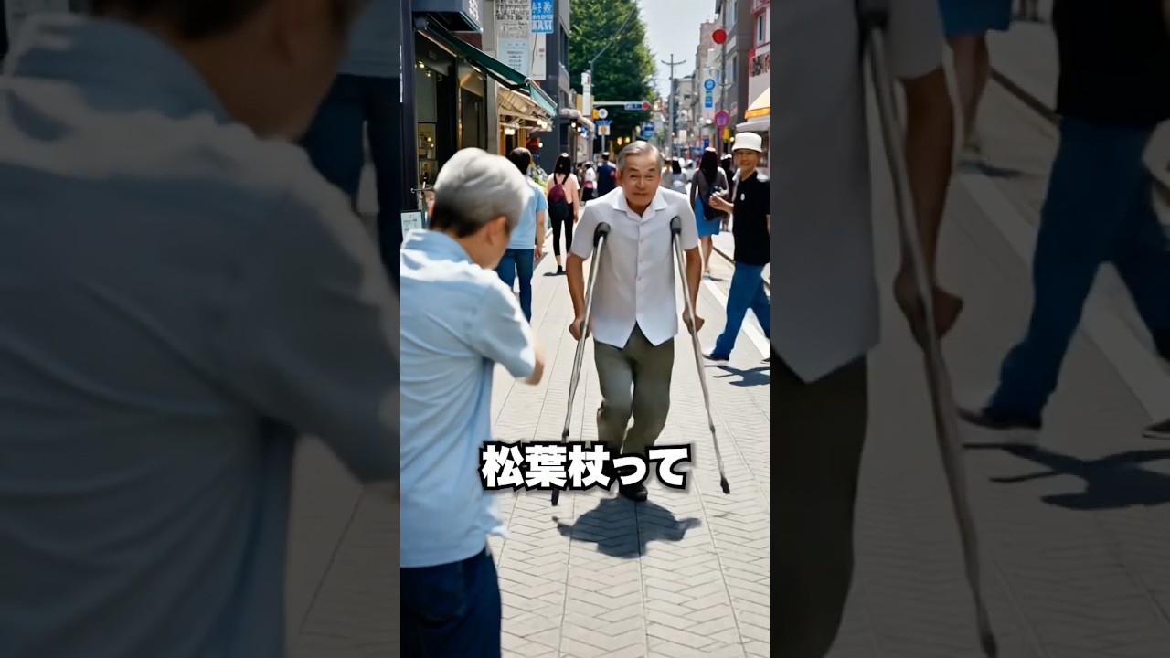 「松葉杖でダッシュする男」