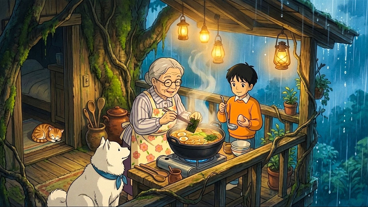 Cooking Ramen with Grandma: A Rainy Night in the Treehouse | Ghibli-Style ASMR