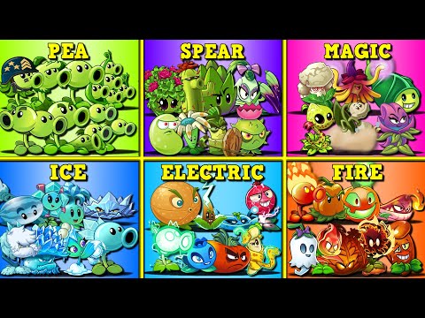 PVZ 2 All Plants 6 Team PEA x SPEAR x ICE x FIRE x MAGIC x ELECTRIC Battlez - Who Will Win?
