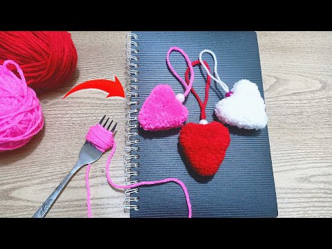 Super Easy Pom Pom Heart Making with Fork - Amazing Craft Ideas with Wool - Rabbit DIY