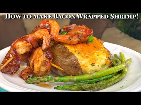 HOW TO MAKE BACON WRAPPED SHRIMP! (INNSKY AIR FRYER + MAPLE BOURBON GLAZE + TWICE BAKED POTATO)