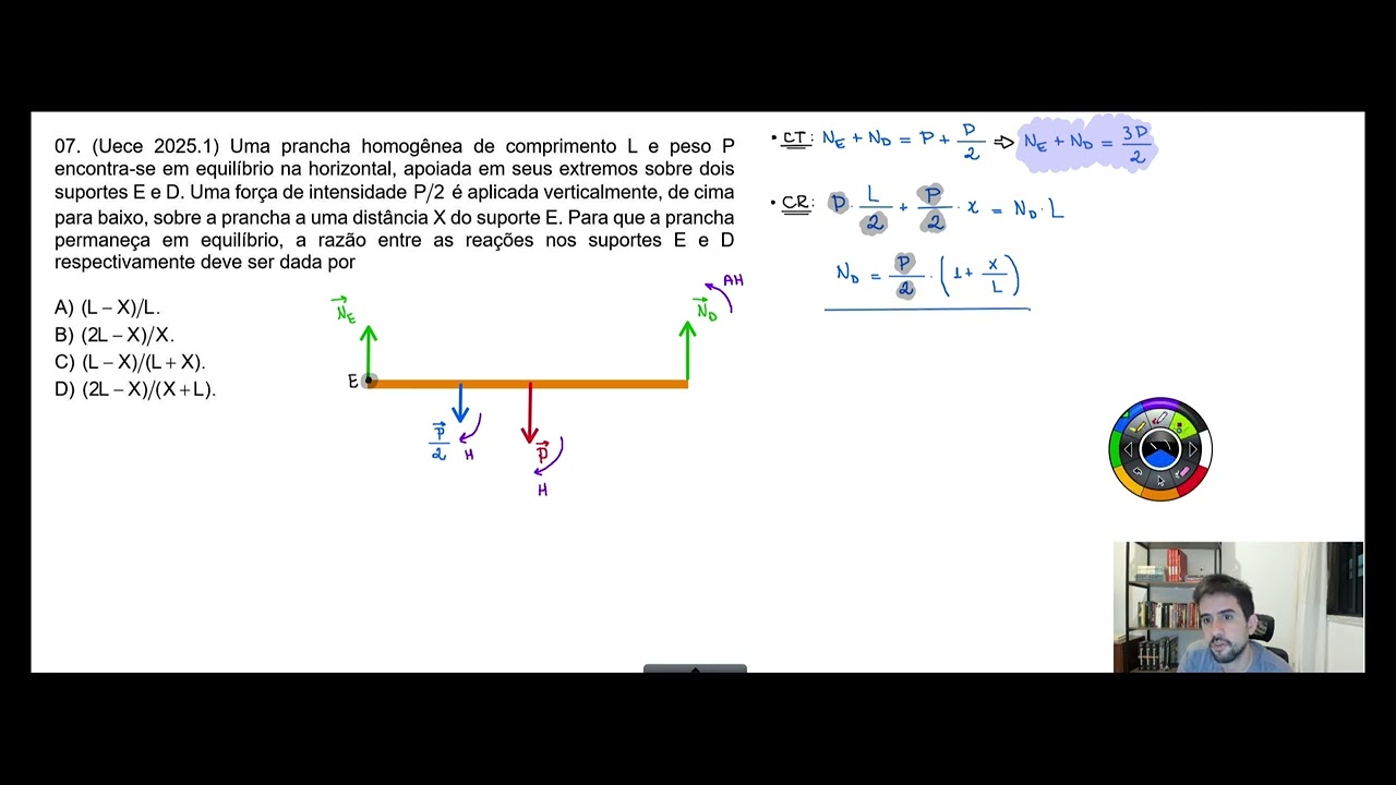 (Uece 2025.1) Uma prancha homogênea de comprimento L e peso P encontra-se em equilíbrio