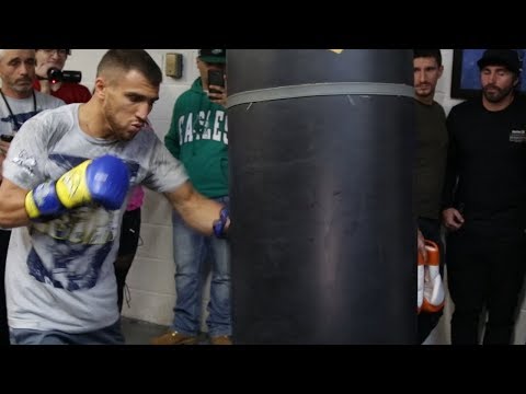 Vasyl Lomachenko hitting the heavy bag with technique and angles for Rigondeaux