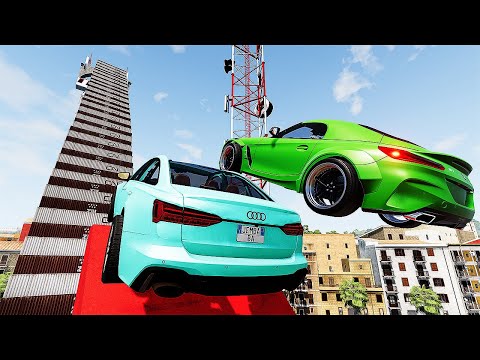 Cars Vs Mega Stair Container  Jump Test #1 - Speed Sports Car Crash - BeamNG Drive