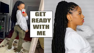 Get ready wit me, high sleek ponytail with locs, makeup, outfit.