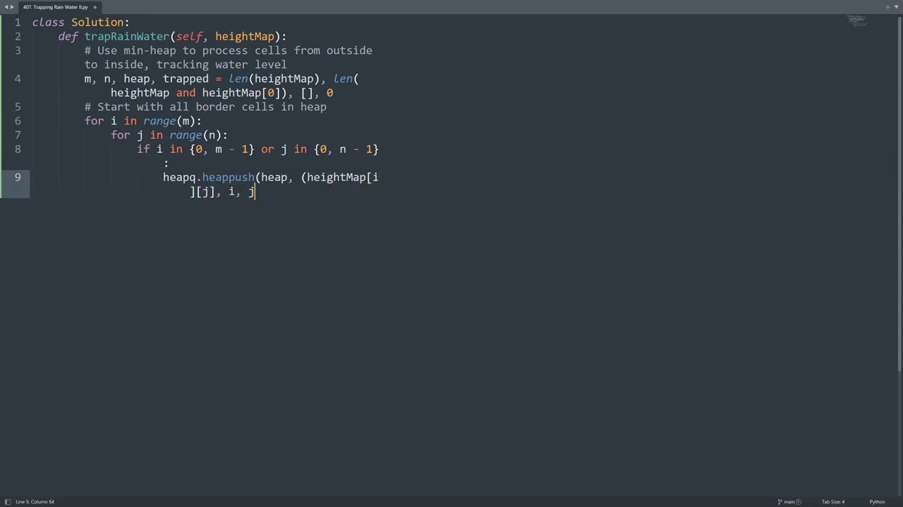 Leetcode 407. Trapping Rain Water II in Python | Python Leetcode | Python Coding Tutorial | ASMR