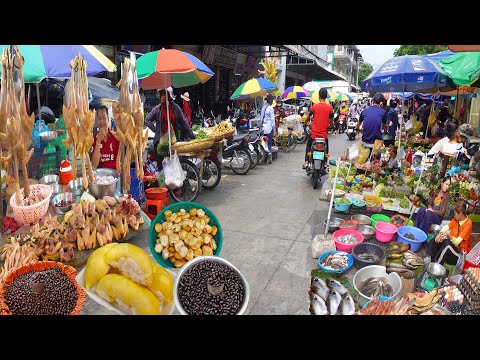 Mercado Pipup Thmei - Carne Crua, Peixe, Durian, Lichia, Ameixas de Java e Mais - Mercado Cambojano