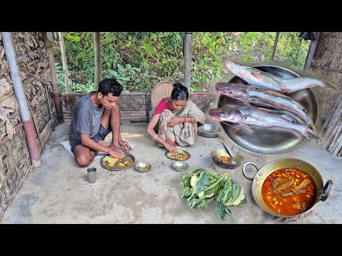 A Village Mother and Son Cooking Delicious SMALL FISH Curry with Cauliflower For Lunch 