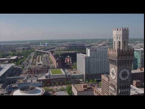 drone shot baltimore skyline downtown