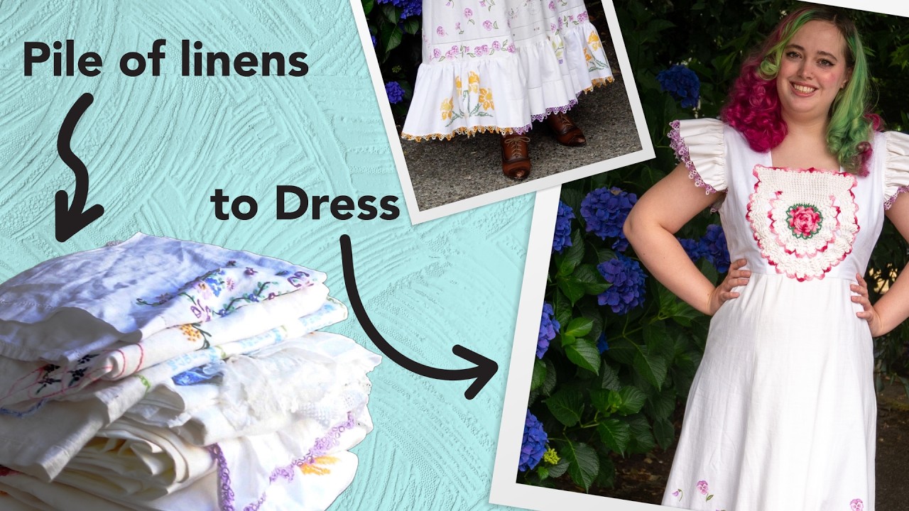 Sewing a dress by upcycling vintage linens inspired by fast fashion | Vintage sewing project