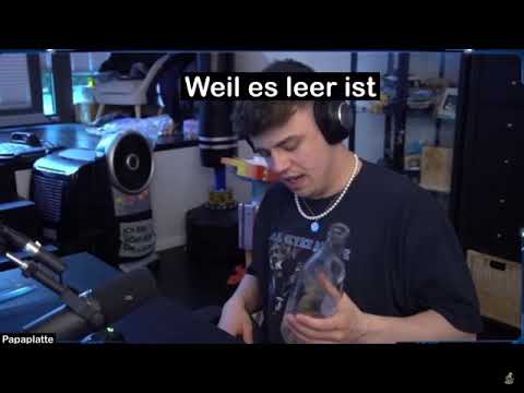 Papaplatte trinkt aus leerer Flasche