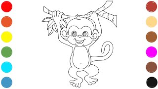 🐵🐒 Monkey Coloring Page for Kids | Learn Colors with Cute Monkey Drawing 🎨 