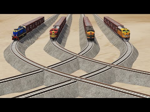 Four Train vs Impossible Overlapping Rail Track Crossing -  BeamNG.Drive